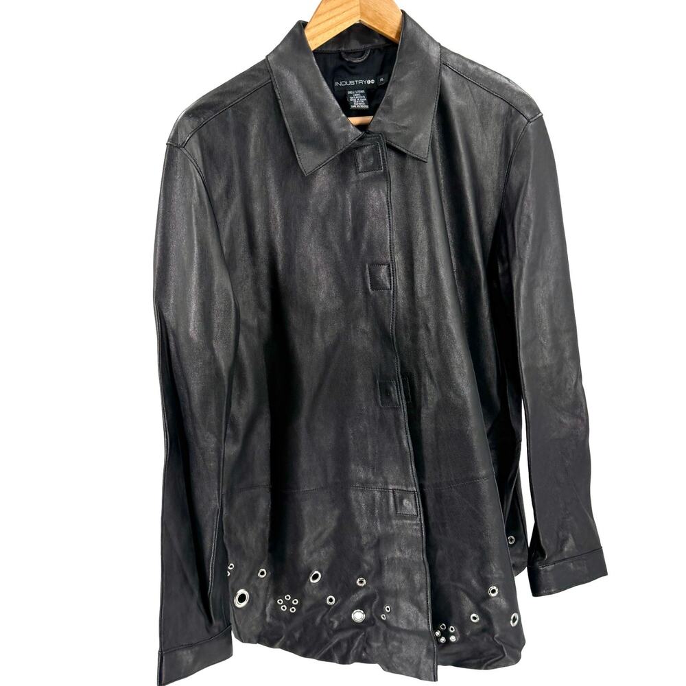 Vintage Y2K Industry Black Genuine Leather Grommet Shirt Jacket